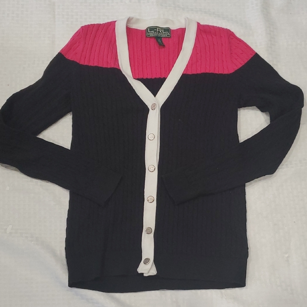 Lauren Ralph Lauren Elegant Black and Pink Women's Cardigan Sweater Sz S - Picture 8 of 14